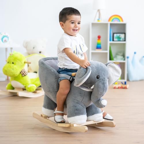 ATAA Caballito balancín para bebé Suave con Forma de Elefante con música, manillas, reposapies y cinturón(Elefante)