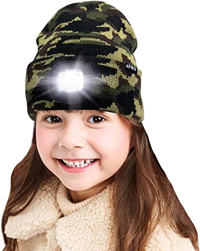 ATNKE Niños LED Gorro con luz, Recargable por USB 4 Faros LED Impermeables Calentadores de Invierno Sombreros niños y niñas/Camouflage Green