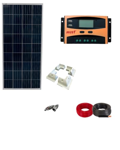 Autosolar 160W kit solar completo de paneles solares Policristalino para Caravana Barco Autoinstalable: Panel 160W, 10A PWM Controlador solar, Cable extensión y soporte