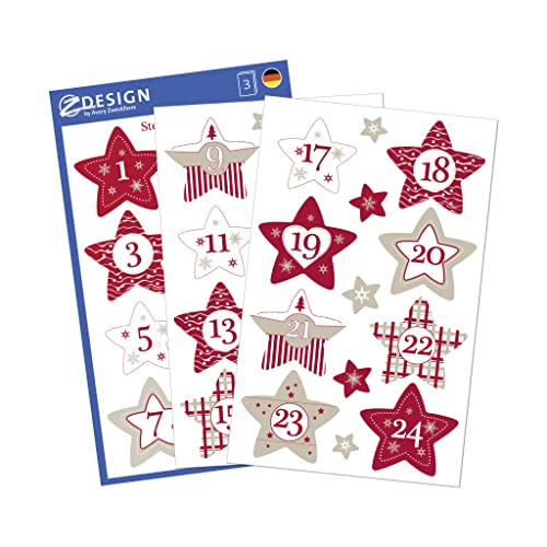 AVERY Zweckform Calendario de Adviento con números de 24 estrellas (fabricado en Alemania, pegatinas de Navidad, papel, autoadhesivo, números de estrella, calendario de Adviento, números de Adviento