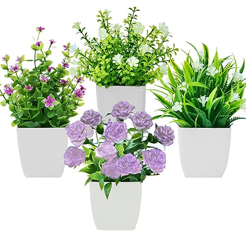 Bafenli 4 Piezas Mini Plantas Artificiales con Macetas Pequeño Plantas Falsas con Flores para Mesa Oficina Mesa Sala Baño Decoración Interior