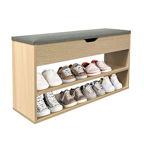 Banco de zapatos, banco de almacenamiento de zapatos con 2 estantes 1 cajón cojín acolchado cómoda para zapatos, banco de almacenamiento para pasillo, entrada, dormitorio, 80 x 24 x 44 cm (Wood Color)
