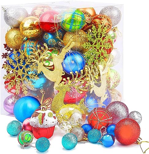 BARAKYEG Bolas de Navidad Juego de 60 – 70 Bolas De Arbol De Navidad Plástico Multicolor Muchos Tipos Diferentes Adornos Bola de Navidad Navideños Decoraciones Regalos de Colgantes de Navidad Fiesta