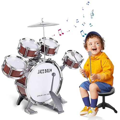 Batería Infantil Jazz,Batería Musical Niños para 5 Tambores Percusión con Taburete,Jazz Rock Cumpleaños Musical Educativos de Navidad Regalo Ideal para Niños a Partir de 3 Años