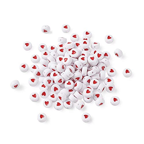 Beadthoven - 200 cuentas de pony de corazones rojos, de acrílico blanco, 7 x 7 x 3,5 mm, redondas y planas, con forma de corazón, para pulseras, colgantes, espaciadores, abalorios