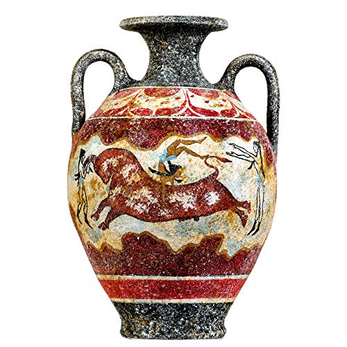 BeautifulGreekStatues Jarrón de cerámica de ánfora minoica griega antigua hecha a mano con mural de salto de toro fresco