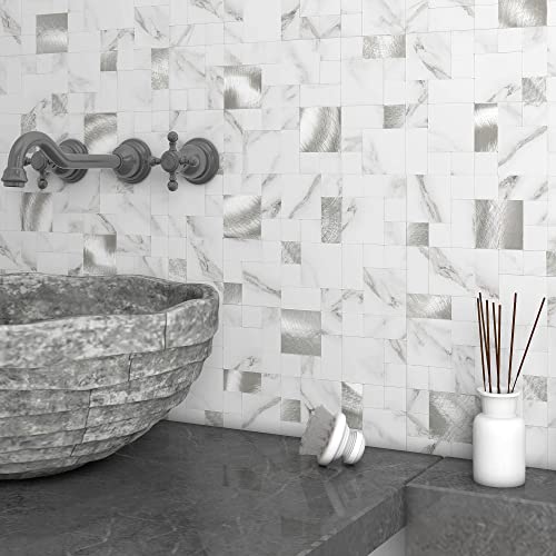 BeNice Pegatinas para azulejos de cocina Splashback autoadhesivas de pared, azulejos en 3D para despegar y pegar azulejos de metal (5 hojas, metal blanco)