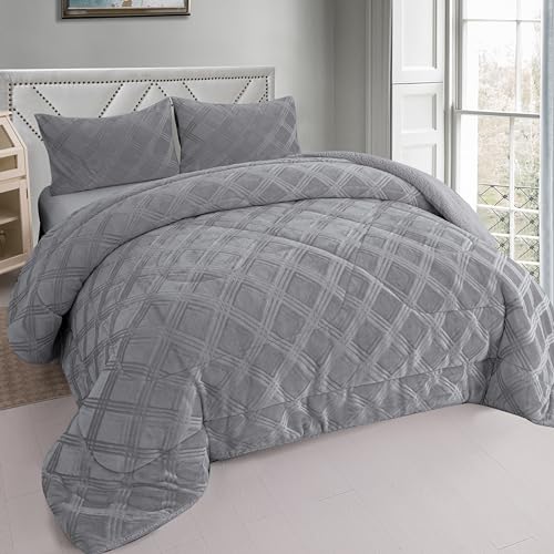 BESCH Edredón Invierno Borreguillo Nórdico de Microfibra 180x240cm - con 1 Funda Almohada - Edredón Extra Suave, Cálido, Gruesa - Cuadro Gris