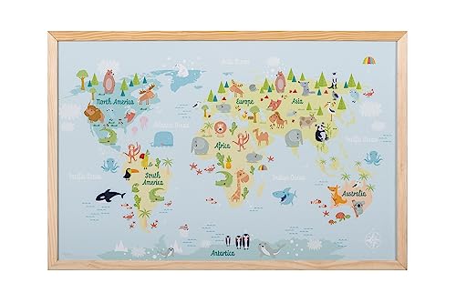 Bi-Joy Colléccion Zoo - Pizarra Mapa del Mundo para niños, 60 x 40 cm, marco de madera de pino