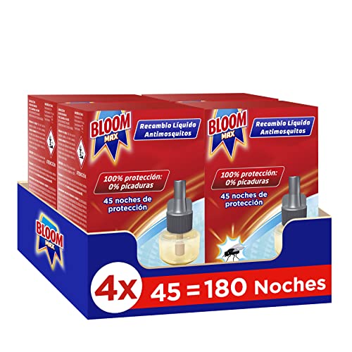 Bloom Max pack de 4 recambios Líquido, insecticida eléctrico antimosquitos contra moscas y mosquitos común y tigre