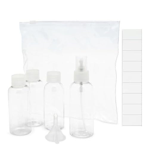 Bolsa Neceser Transparente con Set de4 Botellas de Viaje en Avión y Etiquetas, Kit Aseo de Viaje Rellenable para Líquidos, Gel, Champús, Lociones