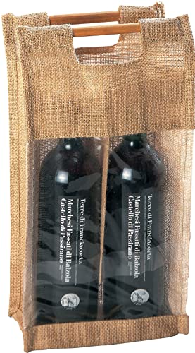 Bolsa portabotellas de Tela de Yute ecológica con Asas de bambú y Ventana de PVC Transparente, Bolsas Elegantes y Resistentes para Botellas de Vino espumoso, champán Fiestas, Bolsa para 2 Botellas