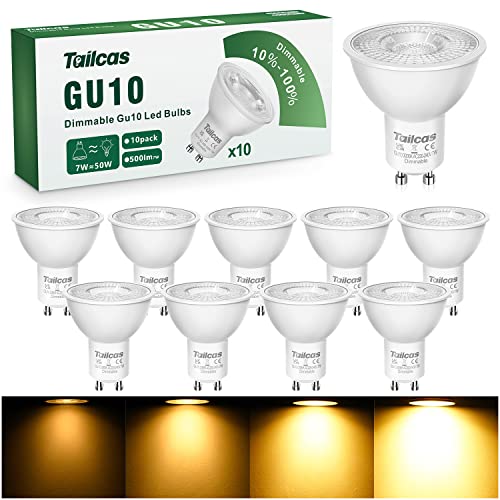 Bombillas LED GU10 Regulable, 7W Blanco Cálido 3000K, Equivalente de 50W Lámpara Halógena, 500 Lúmenes Ángulo de haz de 38°, Lámpara GU10 Sin Parpadeo Ahorro de energía, 10 Unidades