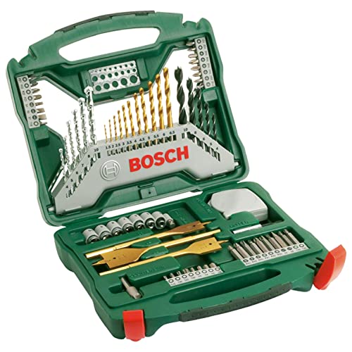 Bosch 70 uds. Set de brocas y puntas de atornillar X-Line de titanio (para madera, mampostería y metal, incluye cinta métrica y brocas fresadoras planas, para taladro y destornillador)