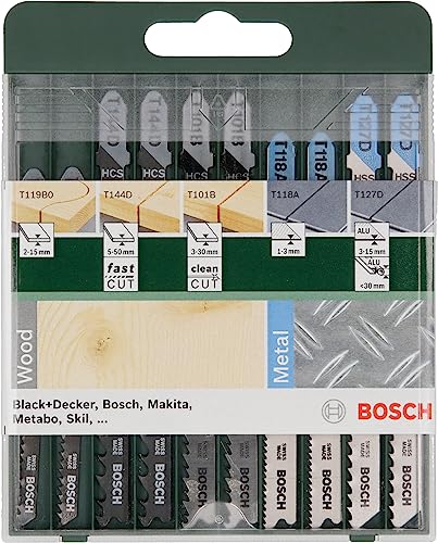 Bosch Accessories Set con 10 hojas de sierra de calar Wood and Metal (madera y metal, accesorios de sierra de calar con conexión de vástago en T)