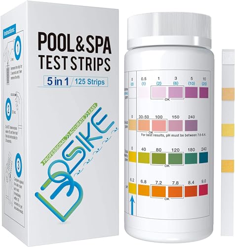 BOSIKE Kit 5 en 1 Tiras Reactivas Bañeras de Hidromasaje, Piscina y Spas - 125 Test Strips Piscinas como Medidor de Acido Cianurico, Cloro Libre, Alcalinidad, Bromo y pH