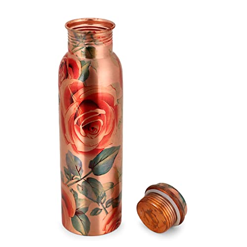Botella de agua impresa flor de cobre puro para beneficios ayurvédicos de salud libre de juntas a prueba de fugas (cobre, 900 ml)