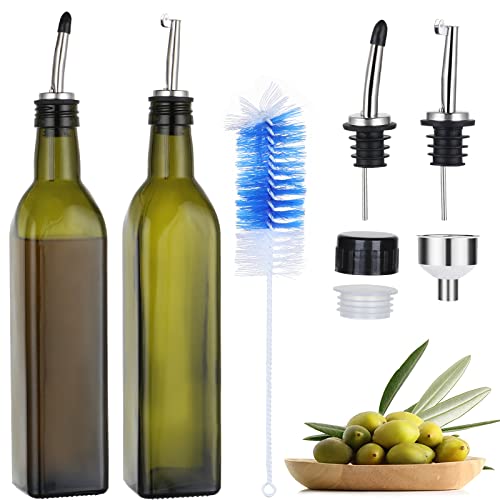 Botellas de aceite de oliva de cristal oscuro (500 ml). Pack de 2 aceiteras/vinagreras con tapones dosificadores sin goteo, embudo, y cepillo de limpieza, para cocina