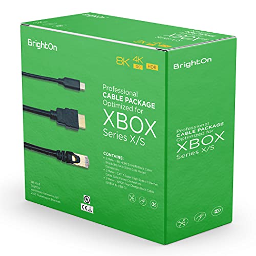 BrightOn - Paquete de cables optimizado, compatible con XBOX Series X/S | 8K HDMI 2.1 Cable 8K @ 60Hz/4K @ 120Hz | Cable Ethernet CAT 7 de alta velocidad | Cable de carga rápida (USB A a USB C)