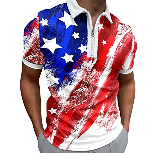 Briskorry Camiseta Estampada con Bandera Americana de Verano para Hombre, Camiseta de Manga Corta con Cuello Vuelto Camiseta Hombre Naranja