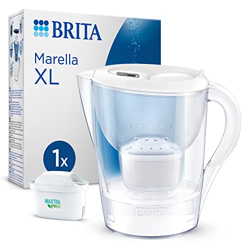 BRITA Jarra con filtro de agua Marella XL blanca (3,5 l) incl. 1x cartucho MAXTRA PRO All-in-1: jarra de gran volumen con memo digital y tapa abatible que reduce el cloro, la cal y las impurezas