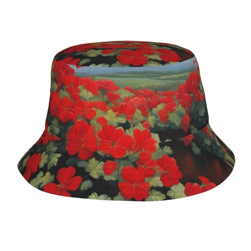 BROLEO Sombrero de cubo para adultos con estampado de plantas en maceta de geranio rojo: ligero, transpirable y plegable, adecuado para actividades al aire libre, Negro -, talla única