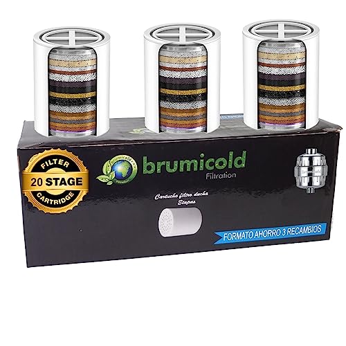 BRUMICOLD PACK AHORRO 3 FILTRO DUCHA RECAMBIO cartucho 20 Etapas, compatible con los filtros de 6,8,10,12,15,18 Etapas vitamina C, ideal para piles atópicas, reduce incrustaciones