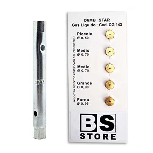 BSSTORE Llave de tubo 6/7 + 5 boquillas universales 6 MB GLP para bombones, camas de gas | Medidas diferenciadas (pequeño 0,50-2 x Medio 0,70 - Grande 0,90 - Horno 0,95) CG143