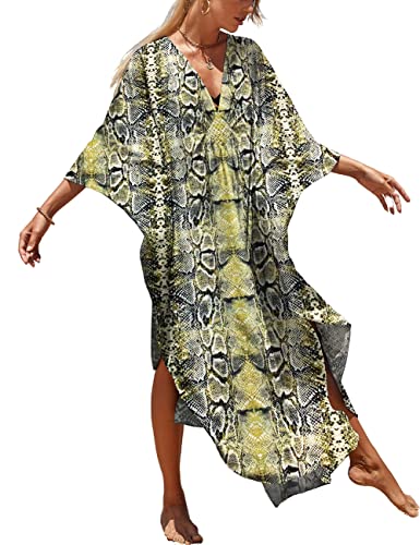 Bsubseach Estampado de Serpiente Cuello en V Kaftan Tallas Grandes Cubiertas para Trajes de baño Batwing Manga Caftan Maxi Vestidos para Mujeres