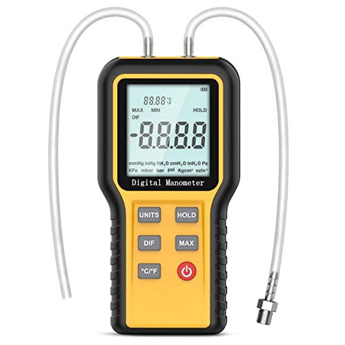 BTMETER Manómetro Medidor de presión de aire de gas, manómetro de doble puerto Manómetro diferencial de presión, para horno de gas HVAC, manómetro digital con retroiluminación 12 unidades de medida