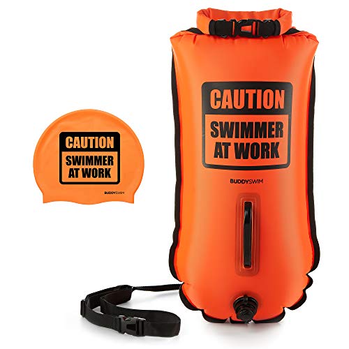 BUDDYSWIM Set de Boya de Natación en Aguas Abiertas 28 litros y Gorro de Natación. Boya Marina de Seguridad para Nadar en Mar Abierto con Bolsa Estanca Interior y Gorro de Silicona. Color Naranja