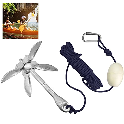 BUZIFU Kit de Ancla de 1,5 kg con Mosquetón, Boya Blanca y Cuerda Nylon de 10 m, Ancla Kayak Plegable de Acero al Carbono para Fondear Tablas, Canoas, Kayak Inflable, Moto Acuática o Kayak de Pesca