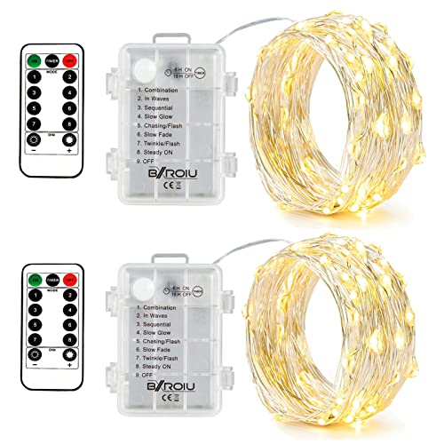 BXROIU 2 x Guirnalda luces pilas 8modos de luz y control remoto con temporizador,cadena 5metros de alambre plateado y 50 LEDs.para decorar dormitorios,jardines,fiestas,Navidad,Halloween,bodas y más