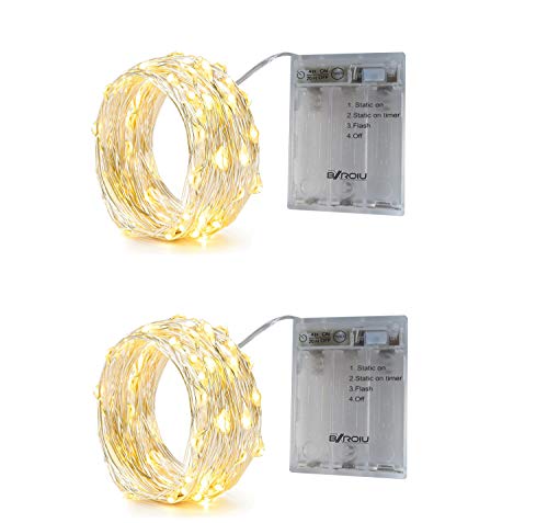 BXROIU 2 x Guirnaldas de luces a pilas, 3 modos y temporizador,alambre plateado cadenas de 5 metros 50 LEDs,para decorar dormitorios, jardines,fiestas,Navidad,Halloween,bodas y más(Blanco cálido)