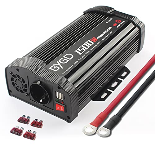 BYGD Inversor 1500W(Pico 3000W),Convertidor de Corriente,Transformador12V DC a 220V 230V AC convertidor con Adaptador de Cargador de Coche rápido USB Dual 3.1A para camión, de Camping, de Emergencia