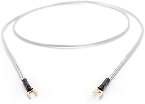 Cable de Tierra 1 x 0,50 mm² para Tocadiscos Dispositivos de Phono con Toma de Tierra, Incluye Horquilla Dorada, Cable de Masa, Transparente, Plata, Pantalla Trenzada 0,5m Silber/Transparent