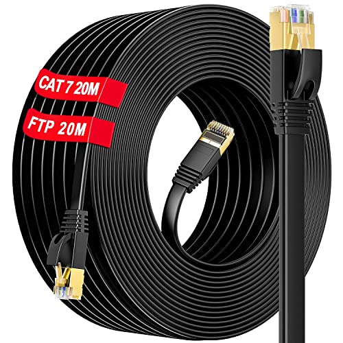 Cable Ethernet 20 Metros, Cat 7 20m Cable de Red Alta Velocidad Plano RJ45 Cable 20 Metros - 10Gbit/s 600MHz, Resistente Al Agua, S/FTP Blindado, Cable Internet LAN para Router Switch Módem (25 Clips)