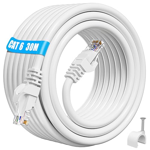 Cable Ethernet 30 Metros, Alta Velocidad Cable de Red Cat 6 Exterior Interior Cable RJ45, 23AWG Gigabit Cable LAN 30m Largo Cable Internet UTP 250MHz Impermeable Cable Wifi para PS5/4 Rúter (30 Clips)