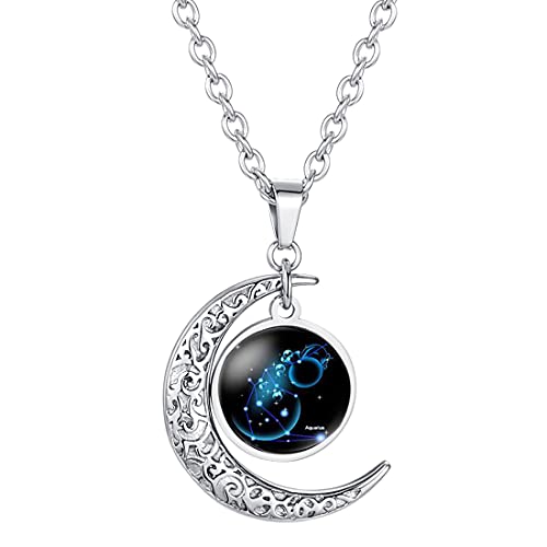 Caimeytie Collar de Mujer Colgante de Luna Constelación Signos del zodíaco Encantos de Vidrio Transparente Acuario