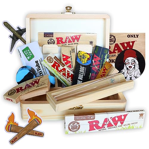 Caja de madera para almacenamiento 16x12x5 – Kit para fumadores + Accesorios de cigarrillos: Papeles Raw King Size y 1 ¼, Papel Bulldog, Tips Raw, Actitube, Wax antiolor, Pegatinas Raw, Portacigarros