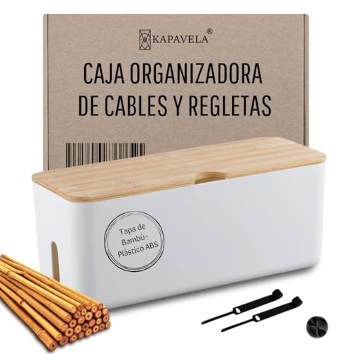 Caja Organizadora de Cables con Tapa de Bambú - Oculta y Recoge Cables y Regletas - Útil para tu Hogar, Oficina o Escritorio - Incluye Bridas de Velcro Reutilizables y Clip Adhesivo, Blanco