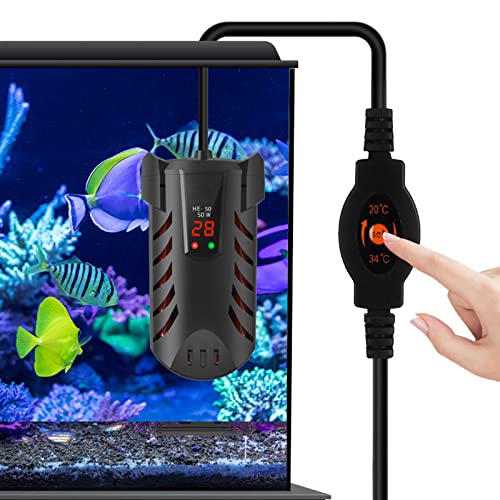 Calentador Acuario 50W de Temperatura Ajustable, Mini Calentador de Acuario con Pantalla LED de Temperatura Visible y Controlador de Temperatura Externo para Acuario de Dulce Agua y Marino 20L-50L