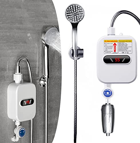 Calentador de agua eléctrico de 3500 W, mini calentador de agua termostático, con pantalla LCD y cabezal de ducha, calentamiento rápido, calentador de agua para cocina, baño