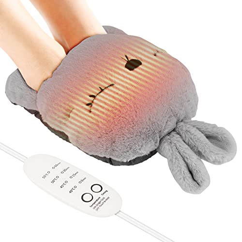 Calentadores de pies eléctricos con calefacción, Coikes Cute conejo suave carga USB, almohadillas calentadoras antideslizantes desmontables con 4 ajustes de temperatura 4 ajustes de temporizador(gris)