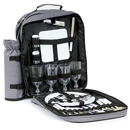 CampFeuer Mochila de Picnic para 4 Personas | Color Gris| Juego de Picnic con 31 Piezas | Incl. Portabotellas, Gran Compartimento de Refrigeración, Vajilla y Cubiertos | Mochila Nevera Isotérmica