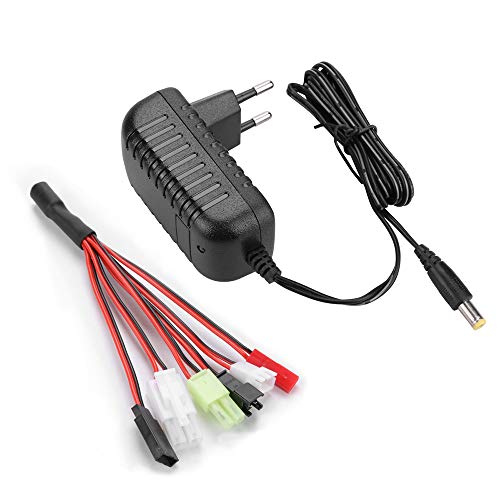 Cargador Airsoft para Batería Nimh/Nicd 2-10s 2,4-12V, Cargador RC Inteligente para Coche, Barco, Drone,Maquetas,Pistola de Aire, con 5 Adaptador Mini Tamiya/Estándar Tamiya/JST/SM 2P/HuanQi