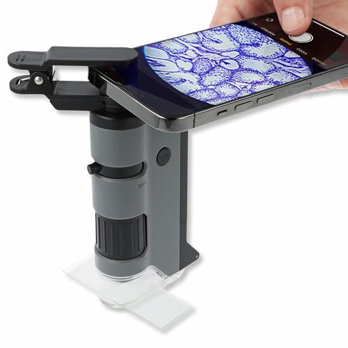 Carson Microscopio de bolsillo MP-250 MicroFlip 100-250x con luz LED y clip adaptador de digiscopía para smartphone, gris