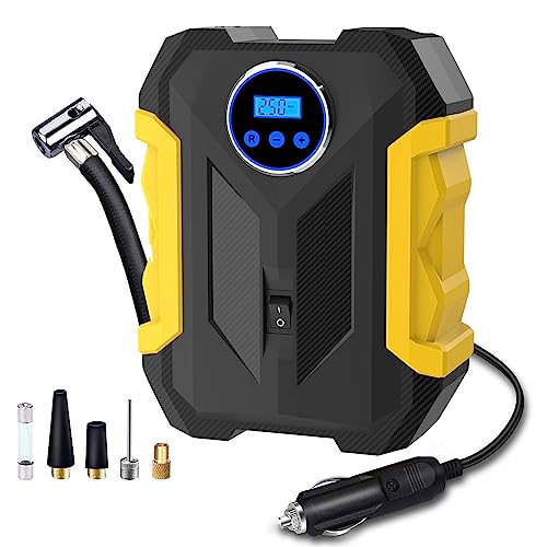 CaRSun Compresor Aire Coche,Inflador Ruedas Coche de 12V,Compresor Aire Portatil de 150PSI con Indicador de Presión de Neumáticos y Luz LED, Amarillo