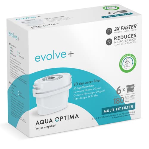Cartucho de filtro de agua Aqua Optima - Evolve+ paquete de 6 (suministro para 6 meses), sistema de filtración en 5 etapas que reduce el cloro, compatible con las jarras de agua Brita y PerfectFit