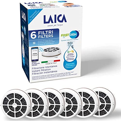 Cartuchos de filtro de agua LAICA FAST DISK, pack de 6 meses (6 filtros de 30 días)- filtro instantáneo de carbón activado para usar con las gamas de botellas de agua con filtro Flow'n Go, GlaSSmart